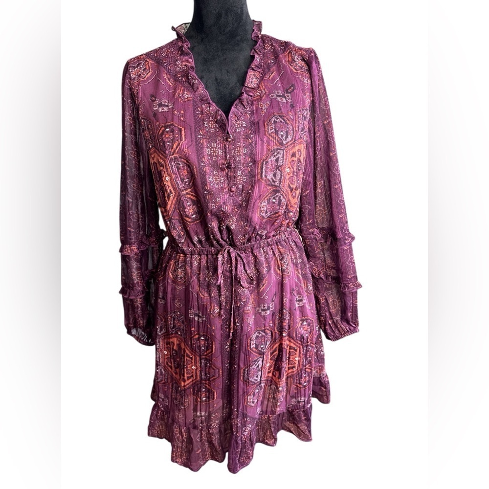 FRYE AND CO. Purple Paisley Long-Sleeve Midi Dress - L